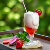 Strawberry Rhubarb Float with homemade strawberry rhubarb syrup